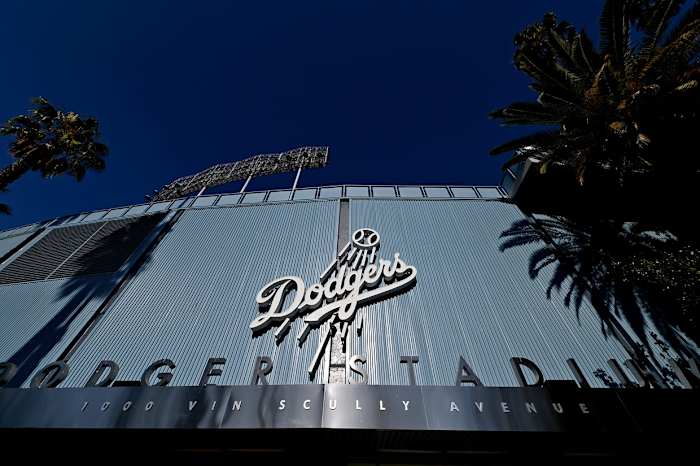 Jul 5, 2020; Los Angeles, California, United States; View of the stadium club entrance to Dodger Stadium during summer camp workouts on July 5, 2020. Mandatory Credit: Jayne Kamin-Oncea-USA TODAY Sports